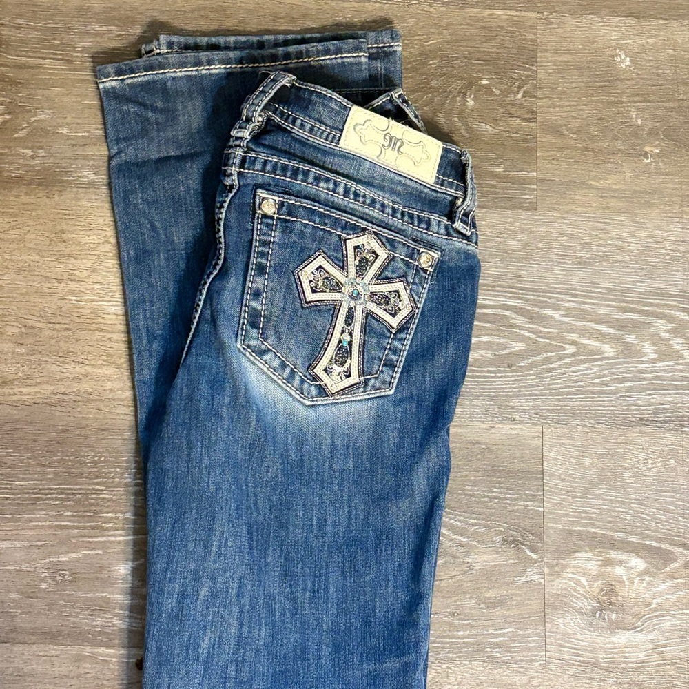 Miss Me Blue Boot Cut Jeans with Cross Detail